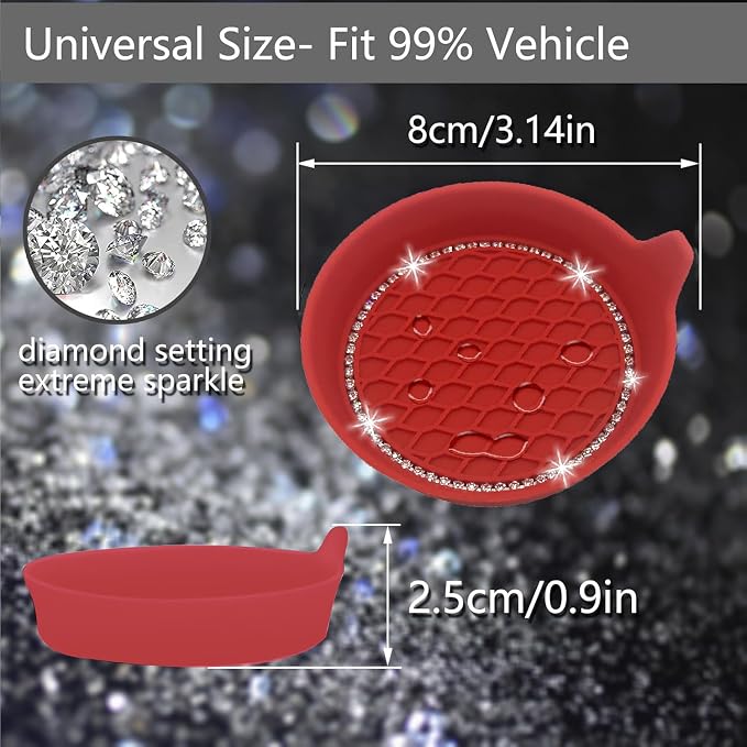 NBTEPEM 4PCS Bling Car Coasters, Non-Slip Insert Water Bottle Holder Pads, Bling Crystal Rhinestone Dustproof Automotive Interior Accessories, Universal for Vehicles, Trucks, RVs (4 pcs, Red)