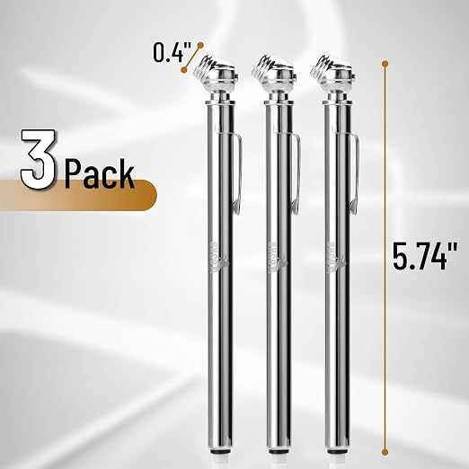 UNCO- Stainless Steel Pencil Tire Pressure Gauge, 3 Pack, 10-50PSI, 10-100PSI, 20-120PSI, Pencil Air Pressure Gauge for Tires with 16 Valve Caps