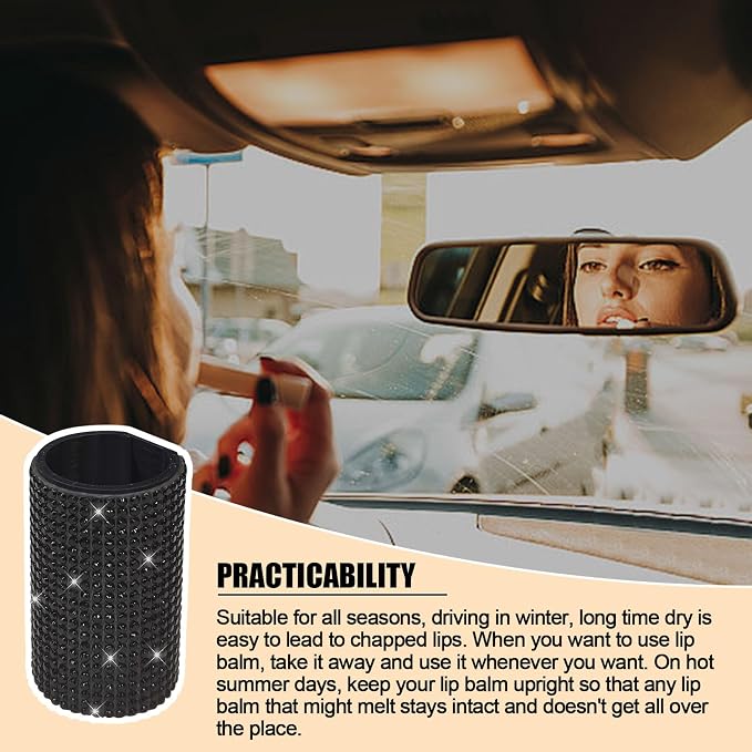 Upright Car Chapstick Holder, Bling Insulating Lip Balm Holder,Rhinestone Car Accessories for Women Interior ,Suitable for Most Vehicles. (Black)