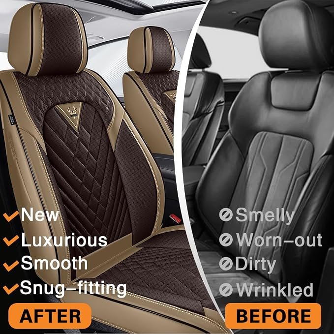Fit for Toyota Prius Seat Covers 2001-2026,Premium Leather, 360° Full Protection, Thick Padding & Memory Foam, Waterproof & Stain-Resistant Car Seat Cover Full Set (5 Seat,Brown&Beige)
