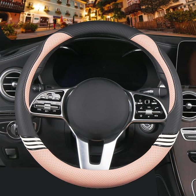 Small 14 inch Cute Leather Steering Wheel Cover Black and Pink | Breathable Non-Slip Faux Leather and Carbon Fiber Car Accessories for Women Men 13.5 inch to 14 inch
