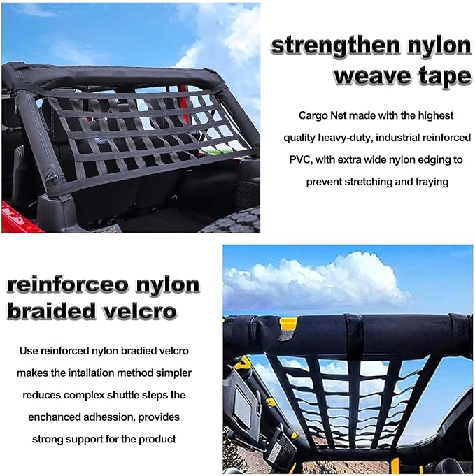 Universal Car Cargo Net&Hitch Hammock, Oversized Heavy Duty Mesh Netting | for Jeep Wrangler TJ JK JL 1997-2023 2/4 Door, Multi-Purpose Cargo Organizer, Camping Gear, Pet Barrier & Travel Accessory