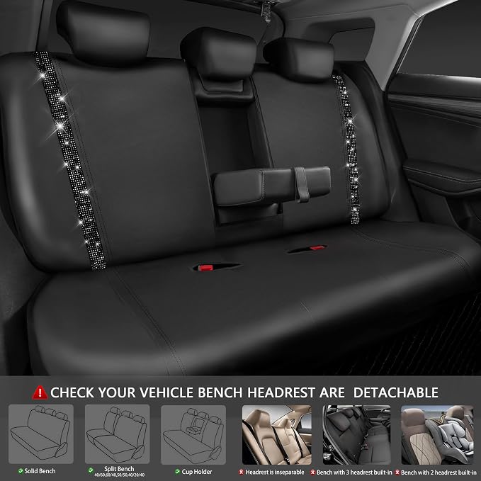 CAR PASS Bling Diamond Car Seat Covers,Shining Rhinestones Waterproof Faux Leather, 8 Seats 3 Rows with Zipper Glitter Crystal Sparkle Strips Universal Fit 95% MPV,SUV,CAR for Women Girl, Black