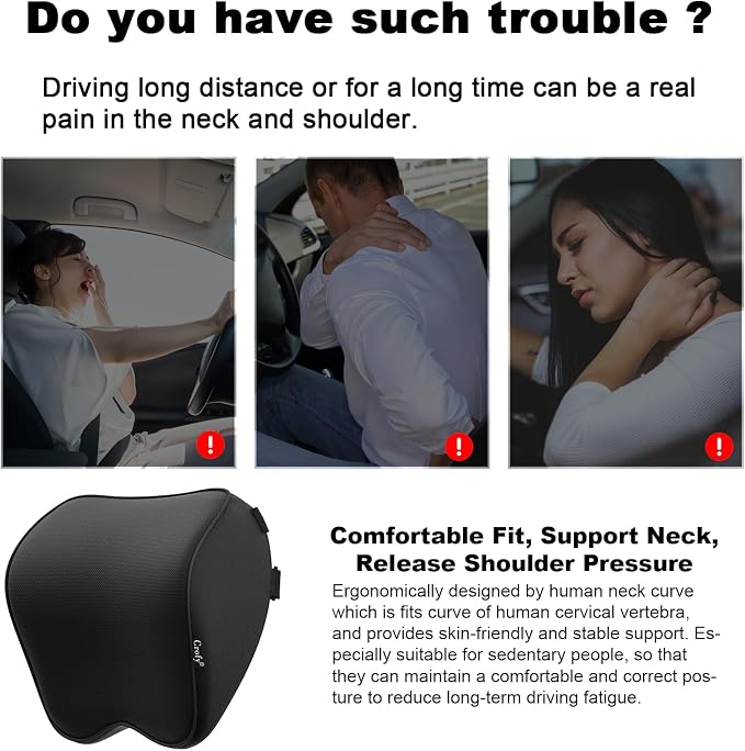Crofy 2-Pack Car Neck Pillow, Headrest Pillow with Adjustable Strap, Black | Soft Memory Foam; Ergonomic Design Fits Most Car & Office Chairs; Breathable Removable Pillow Cover Is Machine Washable