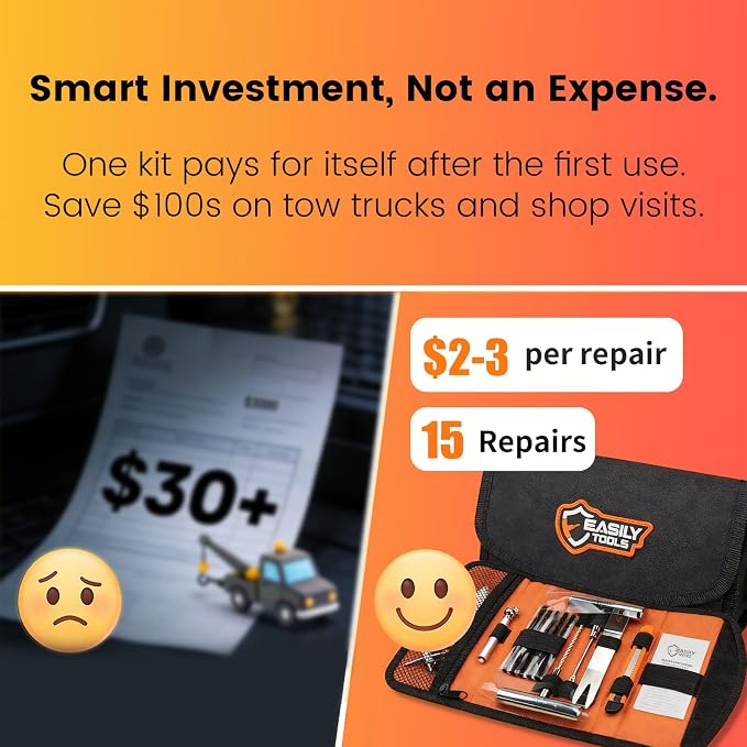 Professional 25-Piece Tire Repair Kit - Complete Emergency Kit for Car, Motorcycle. All-in-One Portable Oxford bag with Essential Tools & Step-by-Step Manual. Ready to Use, No Extra Purchase Needed.
