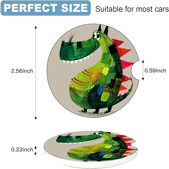 Car Cup Holder Coaster Set of 2, 2.56 in Ceramic Coasters, Scratch-Resistant Cork Backing, Finger Groove Design for Easy Placement, Cute Car Accessories Interior for Women (Green Dinosaur)