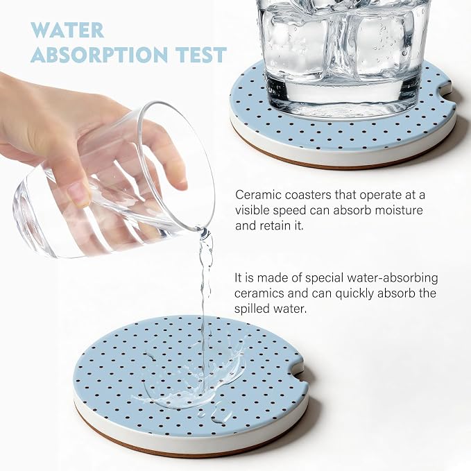 2 Pack Car Coasters for Cup Holders, Absorbent Ceramic Cup Coaster with Cork Base and Finger Notch, Cute Car Accessories Interior for Women Men (Blue Polka Dots)