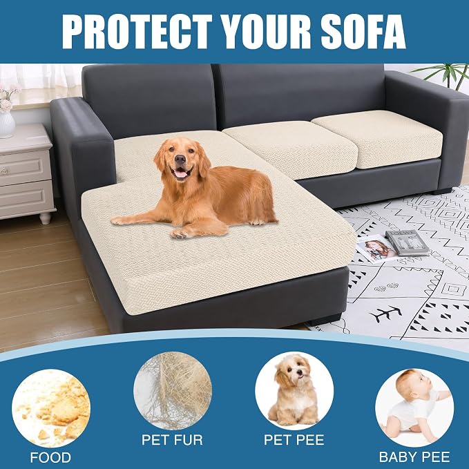Smiry Waterproof Couch Cushion Covers, Stretch Jacquard Sectional Couch Covers, L Shape Chaise Lounge Sofa Slipcover, Washable Elastic Furniture Protector for Pets, Kid (Chaise Cover, Apricot)