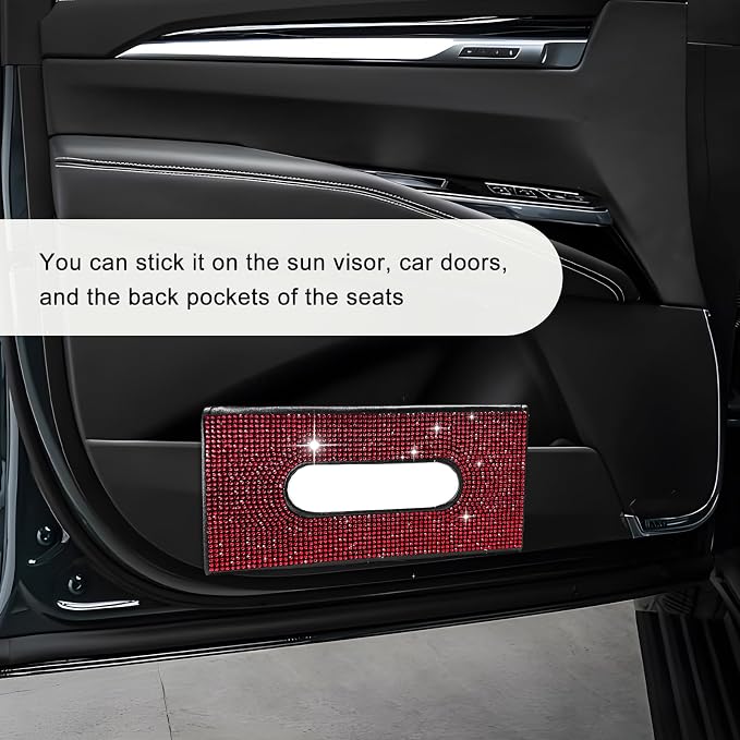 Bling Car Sun Visor Tissue Box Holder, Sparkling Auto Sun Visor Napkin Box Mask Holder, PU Leather Glitter Rhinestone Backseat Paper Towel Case for Cars Trucks SUVs (Red)