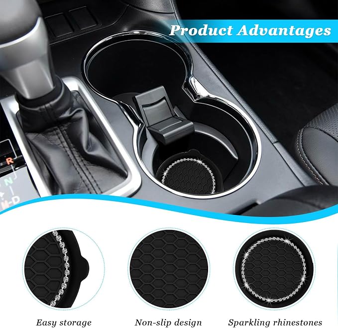 Ziciner 4 PCS Car Cup Coaster Holders, 3.15 Inch Silicone Anti-Slip Auto Insert Coaster, Crystal Rhinestone Car Drink Cup Mat, Universal Durable Auto Interior Accessories (Black, 4Pack)