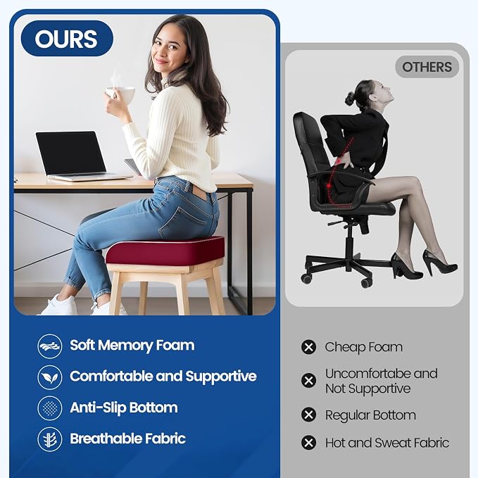 SweetSlubr Seat Cushion for Tailbone Pain Relief, Office Chair Cushion, Memory Foam Large Chair Pad with Non-Slip Cover for Soft Support at Office Chair, Car Seat, Airplane Red/X-Large