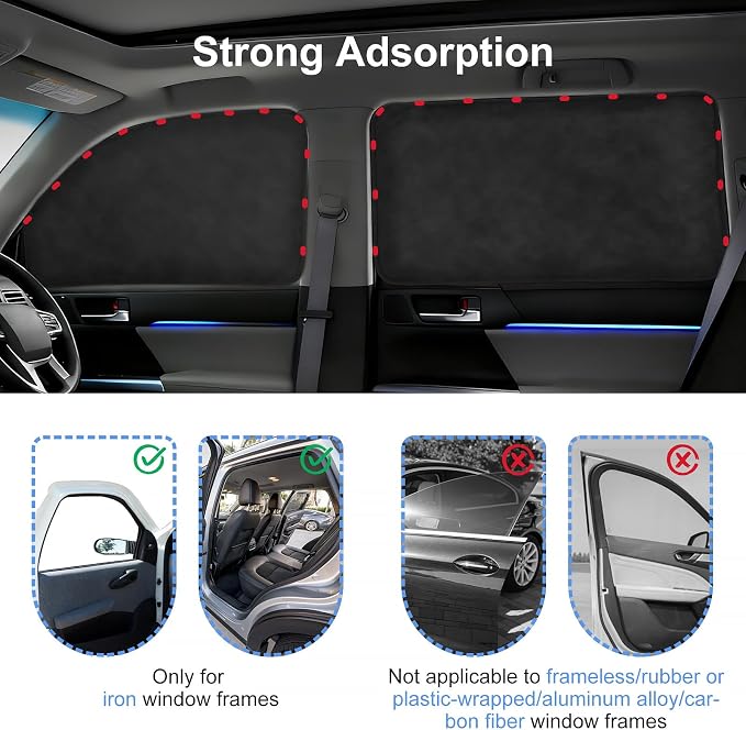 XCBYT Car Window Covers for Privacy, 100% Blackout Soft Suede | Magnetic Fits steel frames only. blocks 100% light to keep cars cool. Ideal for breastfeeding, baby naps, or car camping