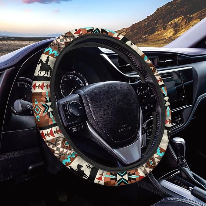 Wanyint Car Steering Wheel Cover, 15 Inch Soft Breathable Steering Wheel Protector for Women Men, Universal Fit for SUV Sedan Van Truck, Aztec Horse Cowboy Cactus