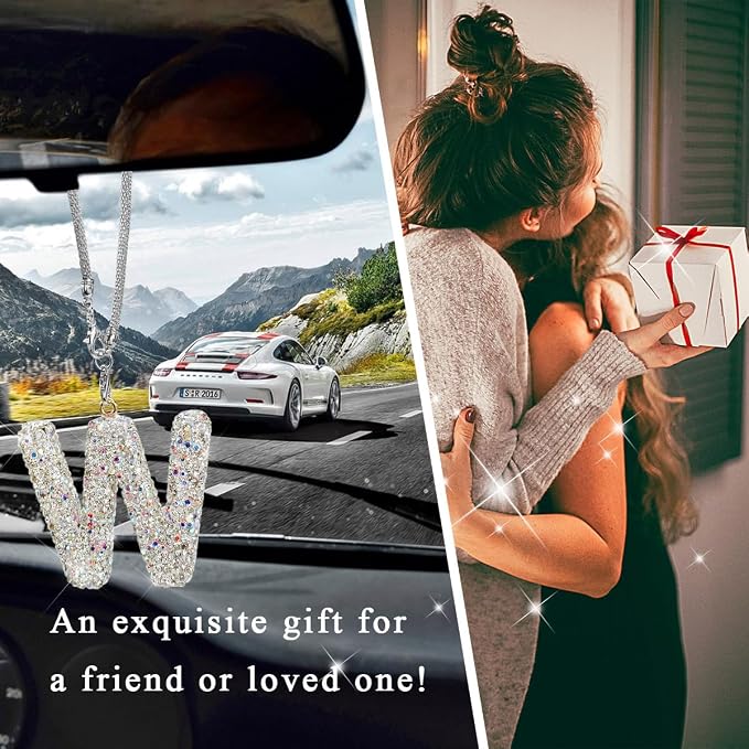 DXNQ Bling Initial Car Rear View Mirror Ornament, Crystal Sparkling Cute Letter Charm Pendant Auto Decor, Hanging Lucky Diamond Initial Charm Car Mirror Bag Ornament for Girl Women (Letter W)