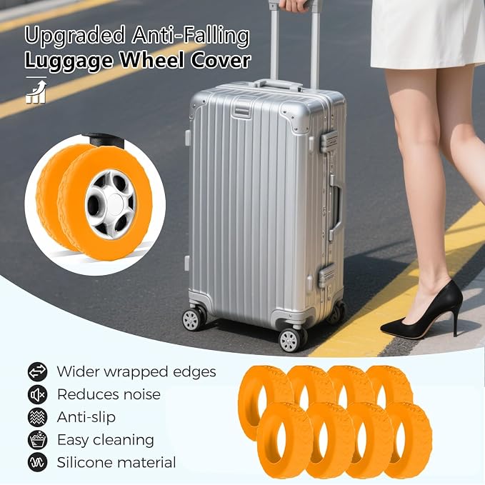 8 Pcs Luggage Wheel Covers, Anti-Noise, Fits 2-2.4" suitcase wheel, Orange | suitcase wheel covers, Widened & Thickened Silicone, Anti-Noise & Scratch-Proof, Fits 2-2.4" Carry-On Luggage Wheels