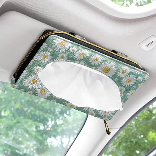 Daisy Flower Car Leather Car Tissue Holder for Car Sun Visor Tissue Box Holder PU Leather Car Visor Accessories Easy to Install