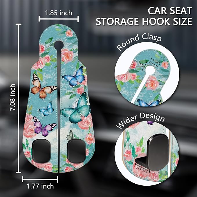 Blusabaca 2PCS Car Seat Back Storage Headrest Hooks, Butterfly Purse Holder Bags Hanger, PU Leather Double Metal Hook for Backseat Organizer, Women Car Accessories Organization