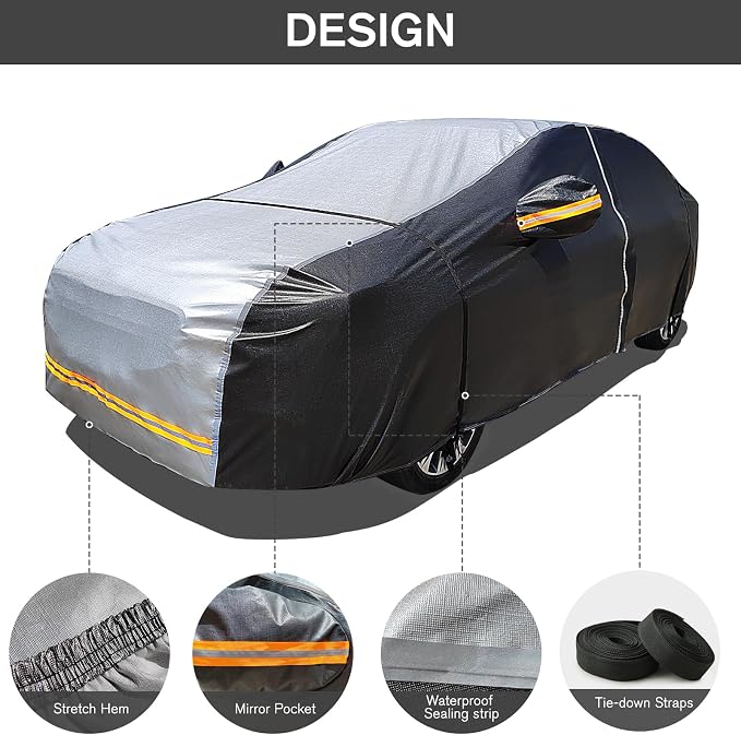 6 Layers Car Cover Waterproof All Weather Car Cover Waterproof All Weather, Outdoor Full Exterior Cover Rain Sun UV Snowproof Protection with Zipper Cotton for Sedan (173-183 inch)