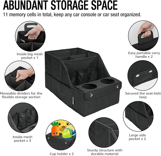MULISOFT Car Seat Organizer- Backseat Car Organizer with 11 Storages Compartments and 2 Cup Holders, Organizers and Storage, Front Seat for Travel Kids,Black | Made from durable Oxford fabric with a waterproof surface, anti-slip buckles, and a foldable...