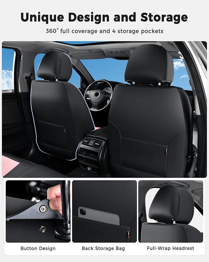 Huidasource Car Seat Covers, Universal Fit for Cars SUVs Trucks, Black&Pink | Full Coverage Leather Seat Cover, Airbag, Cupholder Compatible, Seat Function Retain, Easy Install with Velcro