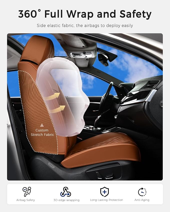 Huidasource Brown Seat Covers, Nappa Leather Car Seat Covers, Velcro Adjustable, Compatible with Airbags, Child Seat, Seat Belts, Fit for Most Cars, Vans, Trucks, SUVs (Full Set/Brown)