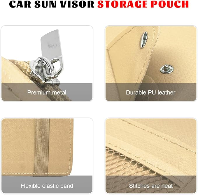 Car Sun Visor Organizer, Multifunctional Auto Visor Storage Bag with Net Pocket & Eyeglass Clamp, Waterproof Multi-Pocket Storage Pouch Ticket Organizer for Car Sun Visors (Beige)