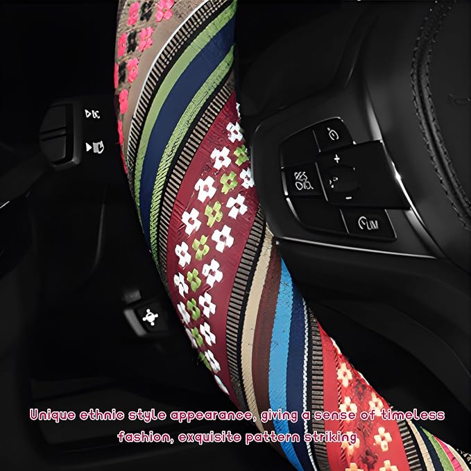 Boho Steering Wheel Cover, Anti-Slip Coarse Flax Cloth Ethnic Style Auto Wheel Cover, Breathable Boho Auto Steering Wheel Protector for Women Men, Car Accessories (Style F)