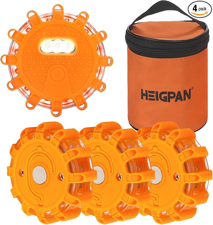 HEIGPAN GP904 LED Road Flares 4 Pack, Battery Powered Safety Warning Lights with Magnetic Base & Hook, 9 Flashing Modes for Roadside Emergency Car Truck Boat (Batteries NOT Included)