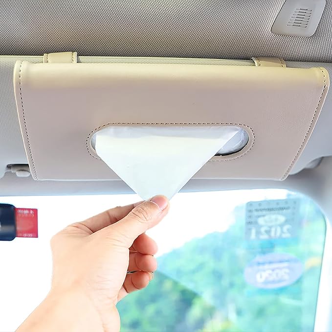 YVPSI Car Tissue Holder Sun Visor Napkin Holder with Tissue (Beige) | Refill Car Mask Holder PU Leather Tissue Box Tissue Box Holder Hanging Tissue Holder Mask Dispenser for Car