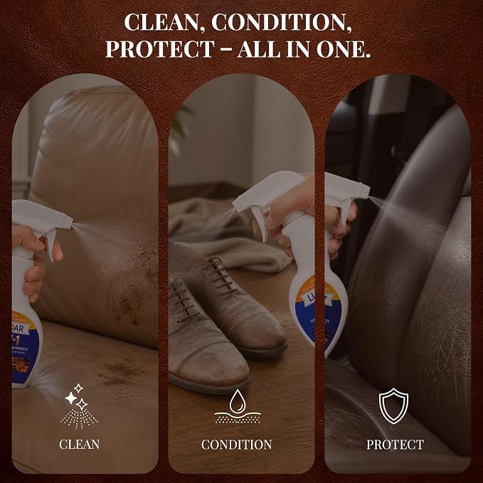 Leather Cleaner and Conditioner 3-in-1 Spray, Use on Leather Furniture, Car Seats, Shoes, Bags, Jackets and Leather Bags with Microfiber Brush & Microfiber Cloth(16 oz Spray Bottle)