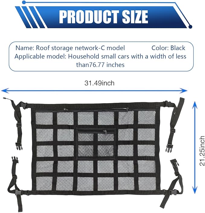 Car Ceiling Cargo Net Pocket, Black, Universal Heavy Duty Automotive Roof Storage Accessories for Truck SUV Car with Buckle Fasteners, Polyester Mesh, 31.49In x 21.25In