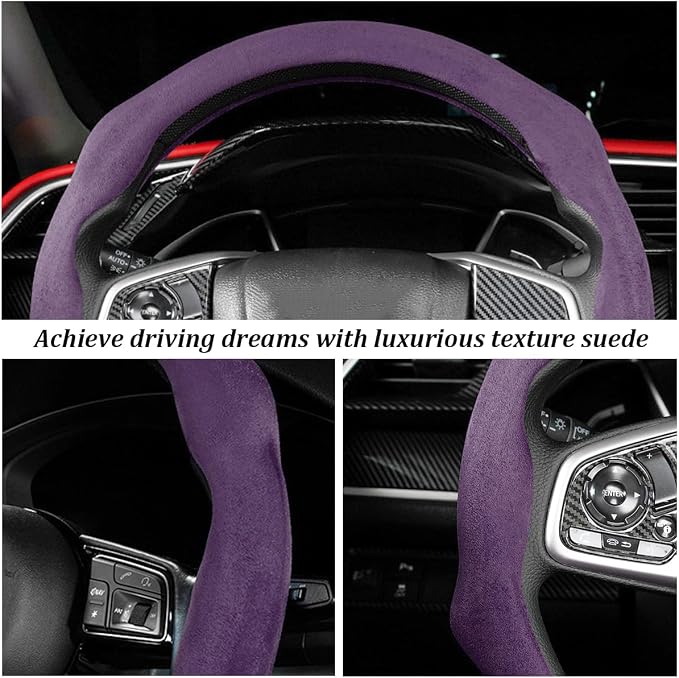 Car Steering Wheel Cover, Soft Brethable Suede Non-Slip Vehicle Steering Wheel Protector, Comfortable Sporty Auto Interior Protection Accessories, Universal for Truck SUV Van (Purple)