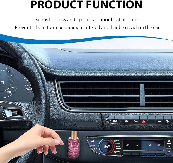 DXNQ Upright Car Lipstick Holder, Bling Strong Adhesive Upright Lipstick Organizer Vehicle Lip Balm Holder, Sparkling Rhinestone Auto Interior Insulating Lip Balm Mount for Women (Pink)