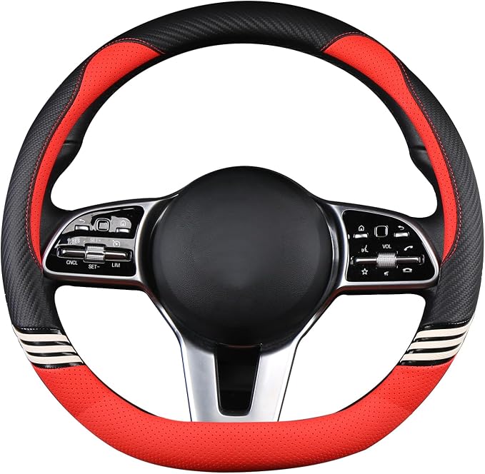 15 inch Cute Leather D Shape Steering Wheel Cover Black Red | Breathable Faux Leather and Carbon Fiber Flat Bottom Car Accessories for Women Men Universal 14.5 inch to 15 inch