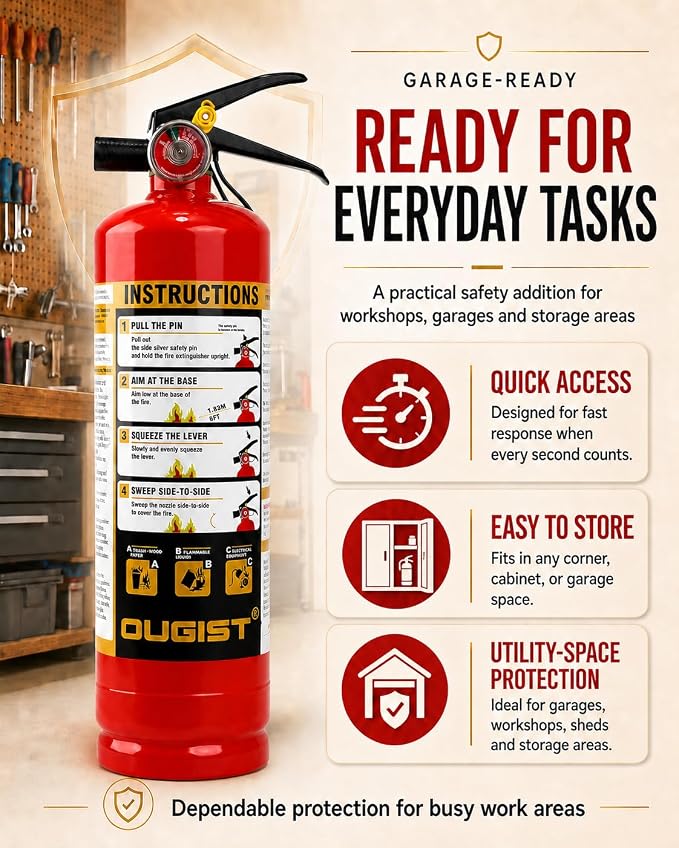 Ougist Essential Fire Extinguisher for Home, 1-A:10-B:C, DRY1L, 1 Pack | Residential Multi-Purpose Extinguisher for Small Household, Kitchen, Garage and Vehicle Fires; 2.5 Lb, Dry Chemical