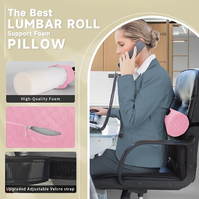 Coeyese Lumbar Roll Pillow for Lower Back Support, Light Pink, 15 * 4.3'' | Removable Pillowcase, Upgraded Adjustable Strap, Suitable for Office, Chair, Car, Seat Pain Relief & Improving Posture