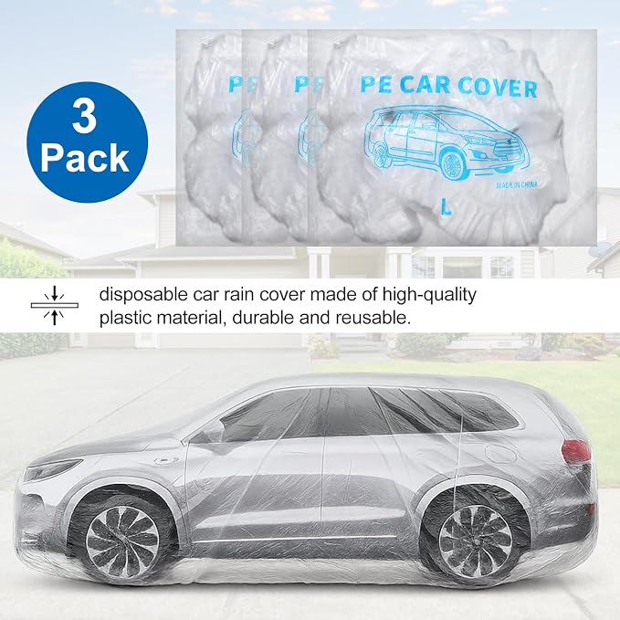 3 Pack Universal Plastic Car Cover, 12. 5 x 21. 7 ft Disposable Clear Waterproof Full Exterior Cover with Elastic Band for Automobiles Sedan Outdoor Snow Rain Weather