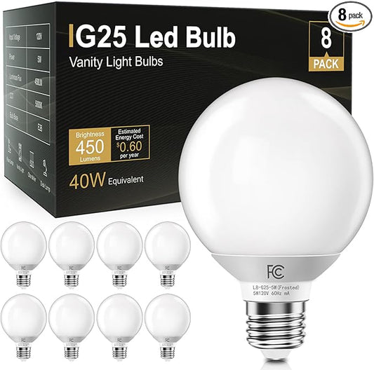 TJOY G25 LED Globe Light Bulbs, Vanity Light Bulb for Bathroom 40W Equivalent, 5000K Daylight White E26 Base, Round Decorative Bulb for Vanity Makeup Mirror, CRI85+, 450LM, Non-Dimmable, UL, 8 Pack