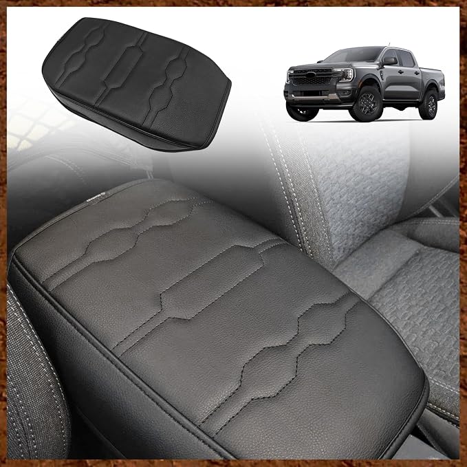 Muslogy Center Console Armrest Cover Fit for Ford Ranger 2024 2025 2026 Accessories, Comfort Armrest Pad Console Lid Cushion Vegan Leather Regular Thick (Black/Black Trim)