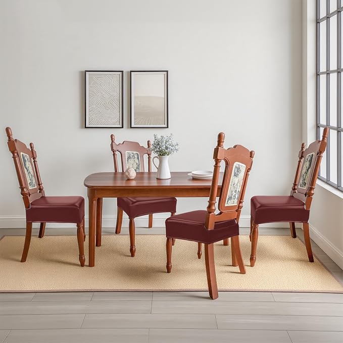 Waterproof Dining Chair Seat Covers Leather Kitchen Seat Covers, Stain Resistant Stretch Chair Seat Covers for Dining Room Chairs Set of 6, Rear Covered Washable Dining Chair Covers Wine Red