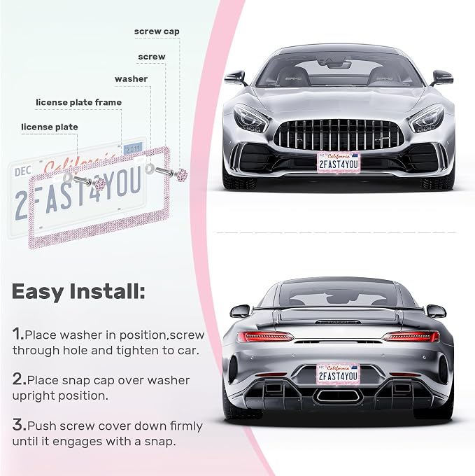 QUANQIUFEI 2 Pack Bling License Plate Frames, Sparkly Rhinestone Diamond Car License Plate Cover for Women, Stainless Steel Car Accessories with Glitter Crystal Caps (Light Rose)