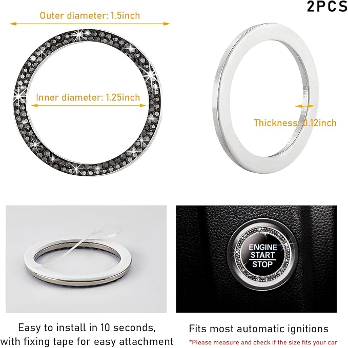 Kewucn 2 PCS Bling Crystal Double Rhinestone Car Engine Start Decoration Ring, Sparkling Push Start Button Sticker, Key Ignition & Knob Ring Decoration, Bling Car Interior Accessory(Bright Black)