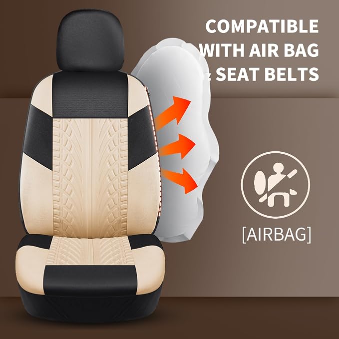 HChengkikz Front Car Seat Cover, Cloth and Washable (Black + Beige) | Breathable, Airbag compatible, Easy to Install, Universal Fit for Most Cars, Sedans, Truck, SUVs