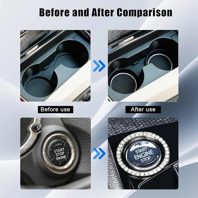 Bling Car Cup Holder Coaster, Anti-Slip Rhinestone Cup Holder Insert (4 Pack) with Push Start Button Ring (2 Pack), Shiny Diamond Car Interior Accessories, Universal for Most Vehicle (Black)