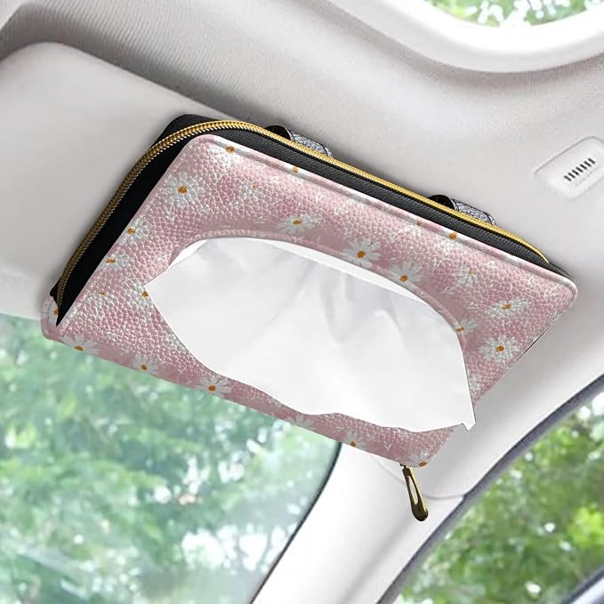 Leather Automotive Visor Tissue Holder Daisy Pattern Rectangular Sun Visor Napkin Hodler Universal Tissue Box for Car Offices Pink