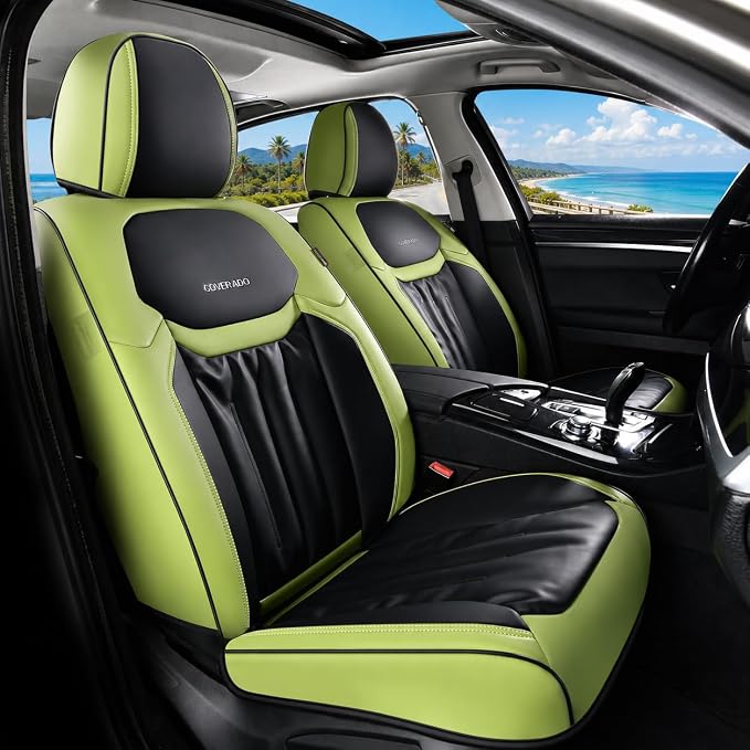 Coverado Car Front Seat Covers, Waterproof Leather 2 Pack Car Seat Covers, Seat Covers Automotive Seat Protector Universal Fit for Most Cars(Front, Green&Black)