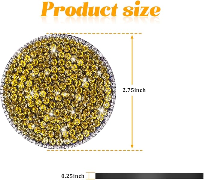 Bling Car Cup Holder Coaster, 2PCS 2.75 Inch Crystal Rhinestone Anti Slip Vehicle Drink Cup Mat for Women Girls, Auto Interior Embedded in Ornaments. Universal for SUV RV Truck (Yellow)
