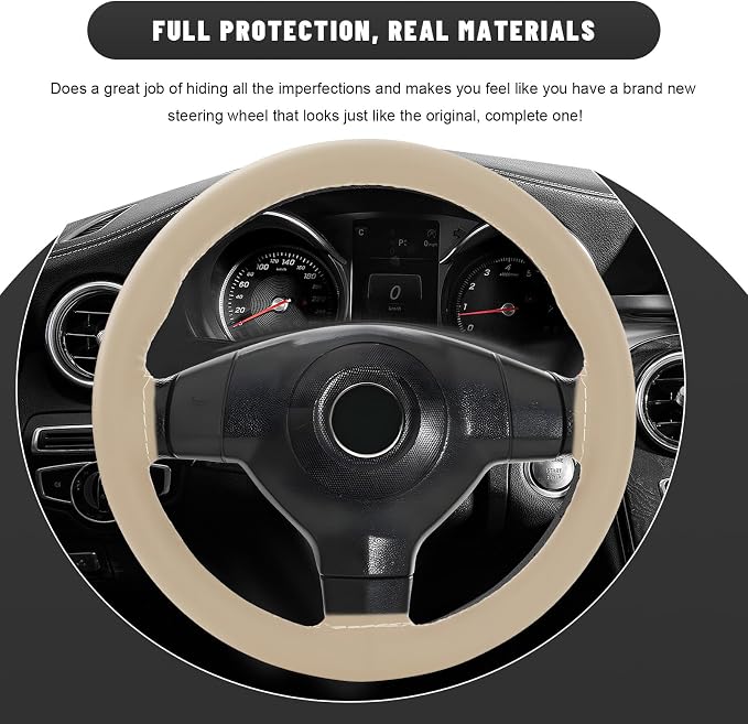 Genuine Leather Steering Wheel Cover, 15 Inch Stitch on Steering Wheel Protector with Needle & Thread, Anti-Slip DIY Sewing Wheels Wrap for Most Vehicles (Beige, Glossy)