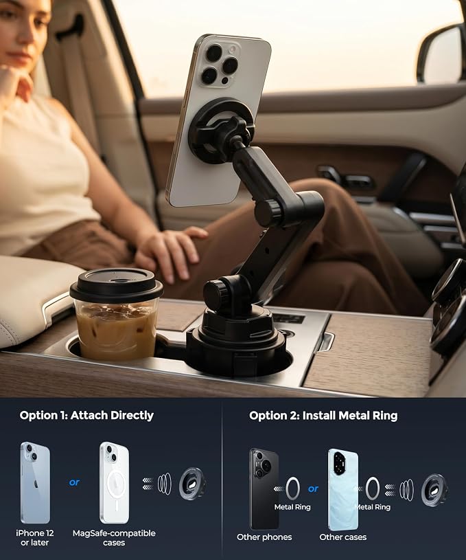 MagSafe Cup Holder Phone Mount, Adjustable Arm for iPhone 12-17 | MagSafe Cup Holder Phone Mount, 360° Adjustable Arm, Modular, No Dashboard Damage, Fits Cars, SUVs & Trucks, iPhone 12-17