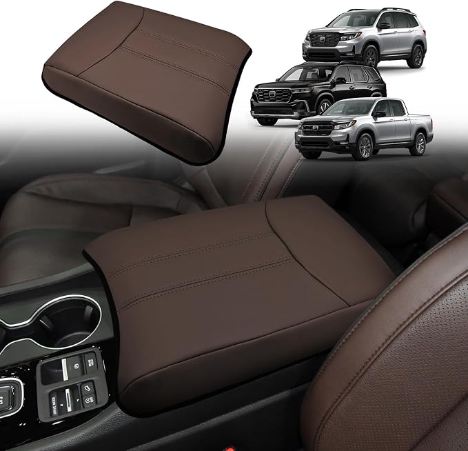 Muslogy Center Console Armrest Cover Fit for Honda Pilot 2023-2026, 2024-2026 Ridgeline/Passport Accessories, Comfort Armrest Pad Console Lid Cushion Vegan Leather Regular Thick (Dark Brown)